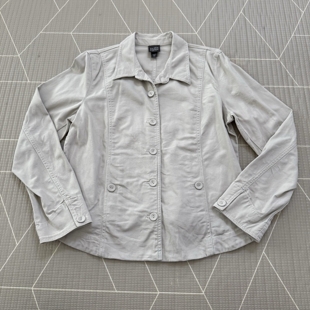 Eileen Fisher Ivory Canvas‎ Organic Cotton Jacket Button Close Sz Petite Medium